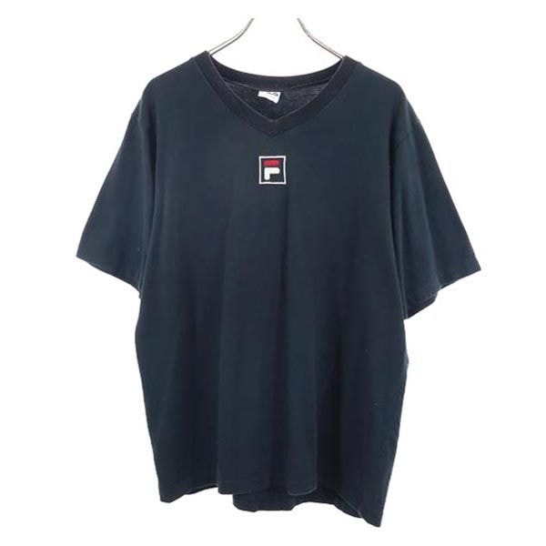 FILA フィラ 90s USA製 ロゴ刺繍 Vネック 半袖 Vネック Tシャツ L ブラック