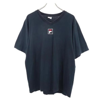 FILA フィラ 90s USA製 ロゴ刺繍 Vネック 半袖 Vネック Tシャツ L ブラック