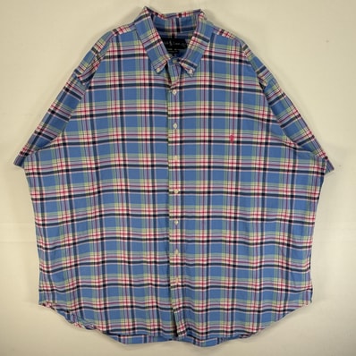 古着 ラルフローレン RALPH LAUREN 半袖シャツ ロゴ 刺繍 大きいサイズ 肉厚 ボタンダウン 2XL 水色 マルチカラー メンズ