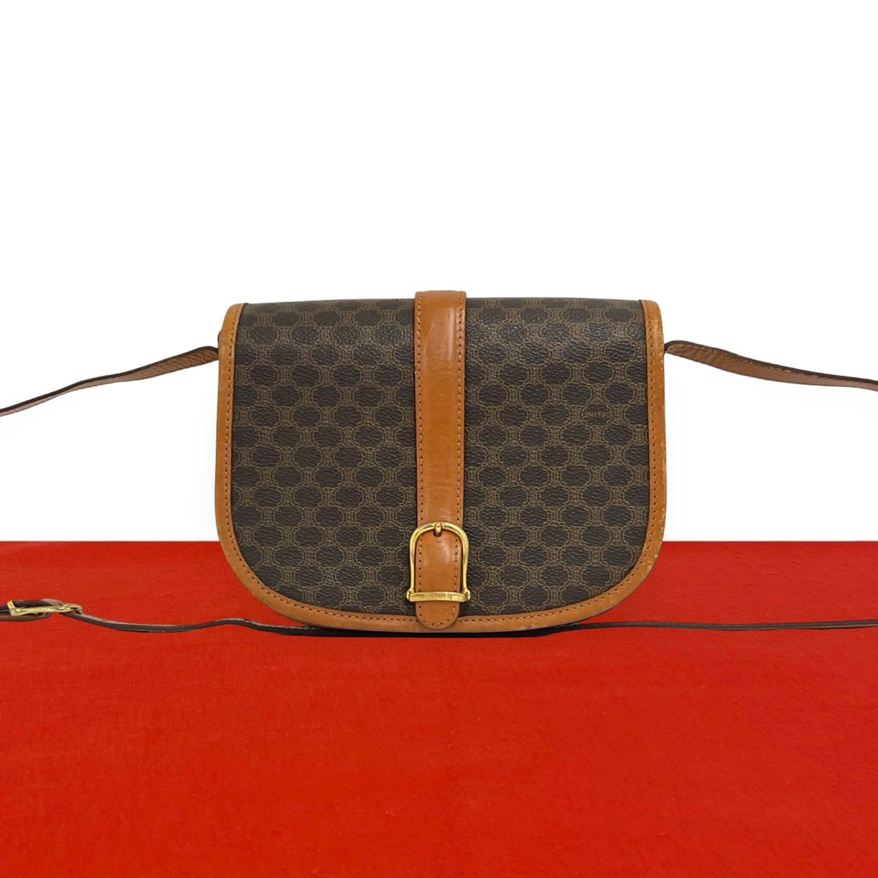 CELINE セリーヌ マカダム ブラゾン 柄 PVC レザー ショルダーバッグ ブラウン
 02286