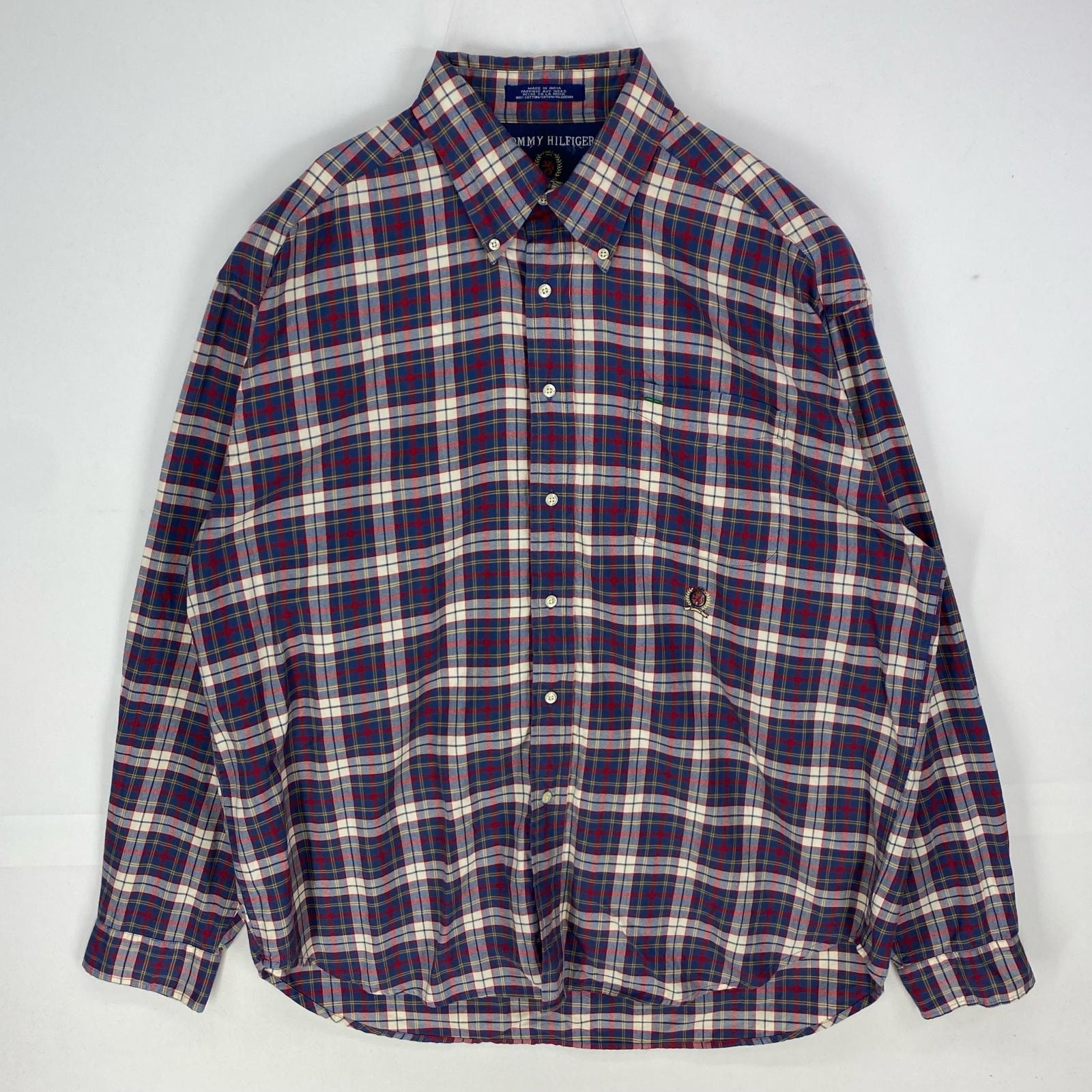 古着 90's/90年代 トミーヒルフィガー TOMMY HILFIGER 長袖シャツ ボタンダウン ワンポイント XL ネイビー系 チェック メンズ