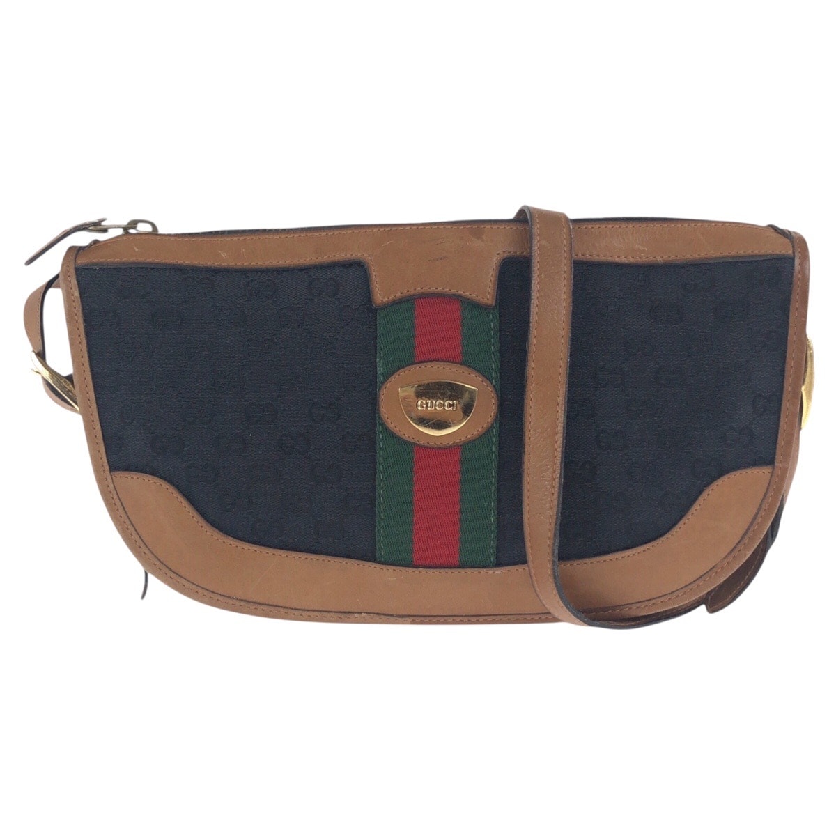 GUCCI グッチ ヴィンテージ オールドグッチ シェリーライン ブラック 黒 ブラウン ゴールド金具 GGキャンバス レザー/ ショルダーバッグ 504804 【中古】