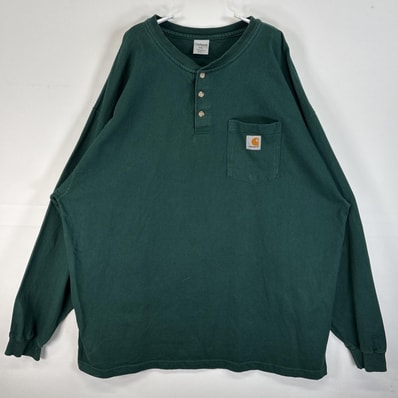 古着 カーハート Carhartt 長袖Tシャツ ワンポイント ロゴ 大きいサイズ ヘンリーネック 2XL グリーン 無地 メンズ
