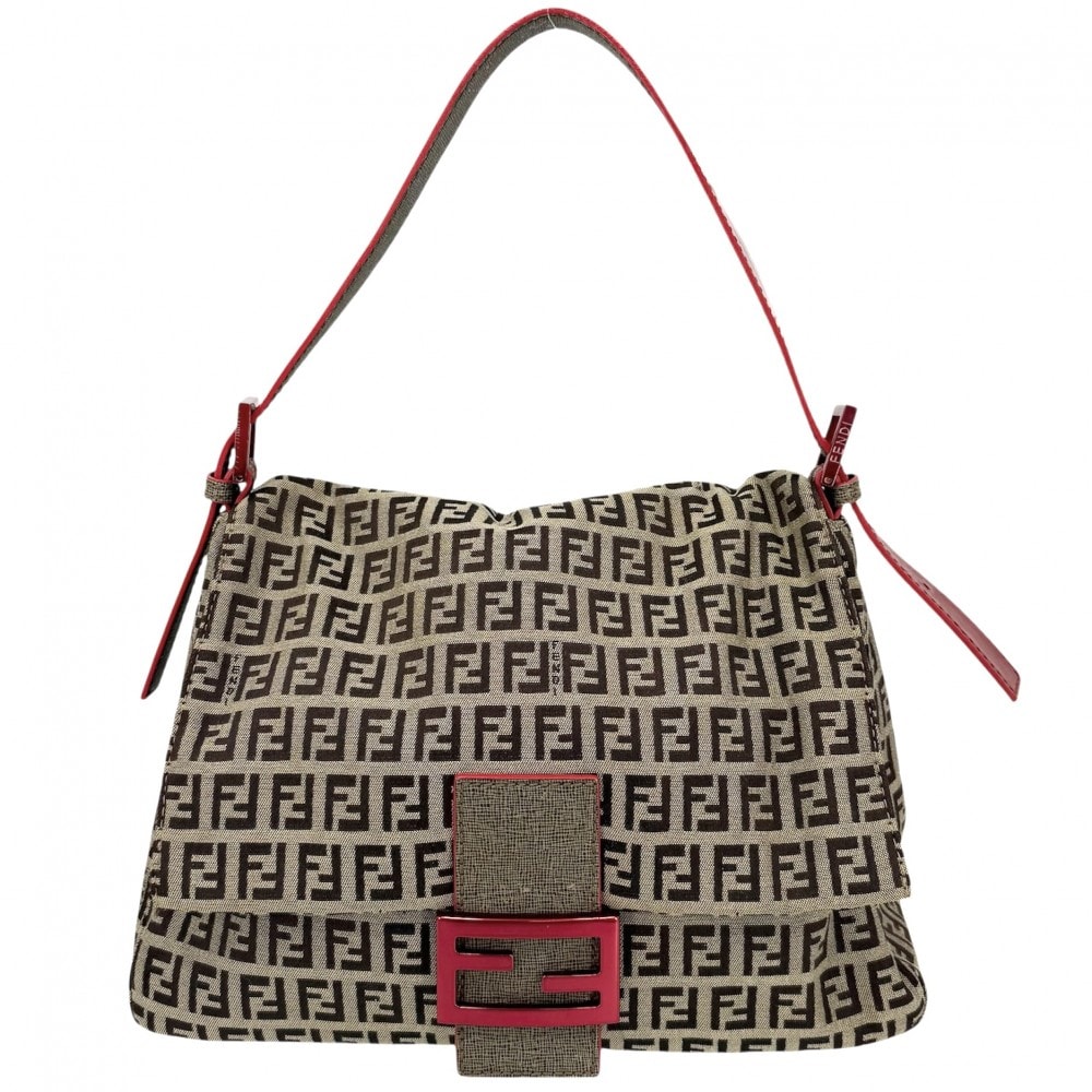 FENDI フェンディ ショルダーバッグ マンマバケット ズッキーノ柄 肩掛け 8BR001 キャンバス レザー ブラウン 茶 レッド 赤 ゴールド×レッド金具 レディース【中古品】
