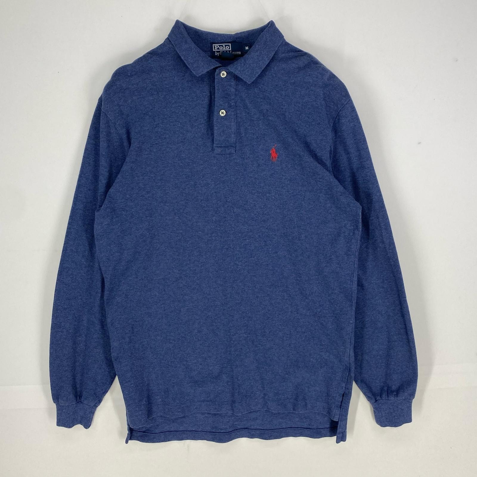 古着 ポロバイラルフローレン Polo by Ralph Lauren 鹿の子 長袖シャツ ワンポイント ロゴ刺繍 ポロシャツ M ブルー系 メンズ