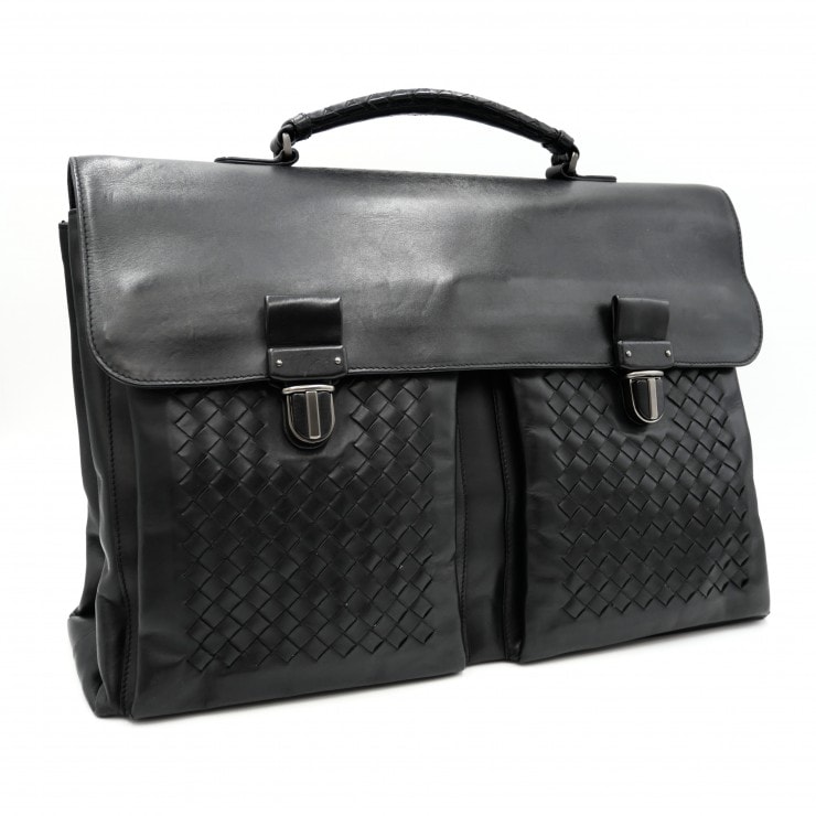 BOTTEGA VENETA(ボッテガヴェネタ)イントレチャート ビジネスバッグ ブリーフケース ブラック レザー メンズ 書類バッグ ハンドバッグ【中古】
