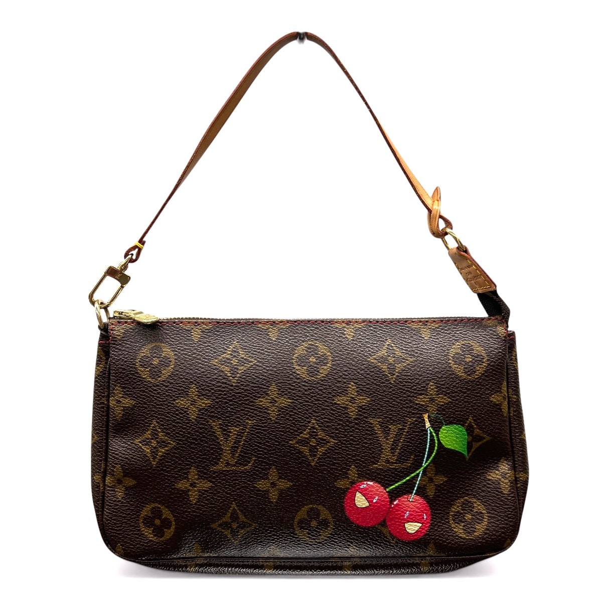 LOUIS VUITTON 美品 ルイヴィトン ポシェット アクセソワール モノグラム チェリー ショルダーバッグ M95008 PVC ヌメ革 レザー SL0015 ブラウン ハンドバッグ ミニバッグ 村上隆 Y2K LV ヴィトン ABランク 中古 鑑定済