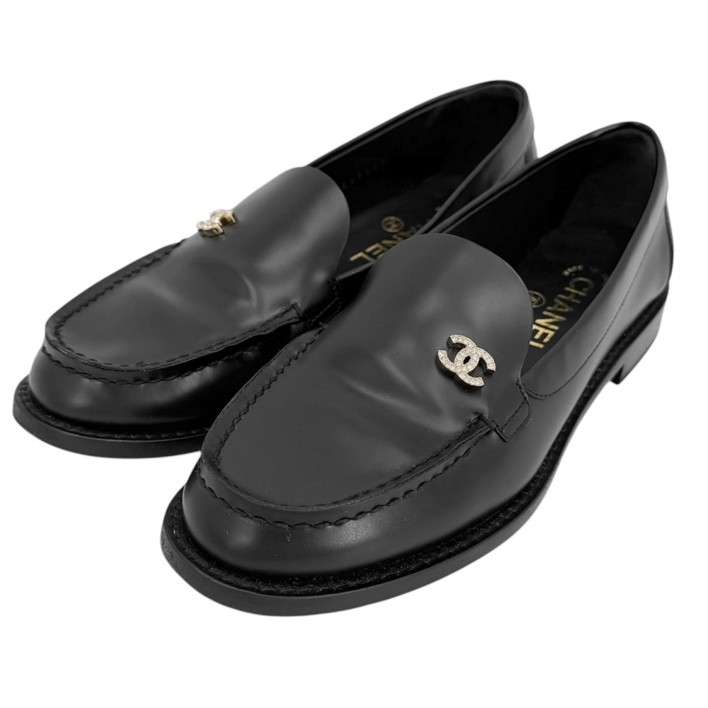 CHANEL シャネル ローファー ココマーク  パンプス シューズ 靴 36 1/2C G45615 レザー  ラインストーン   ブラック 黒 ゴールド金具 レディース 春 秋 冬【中古品】