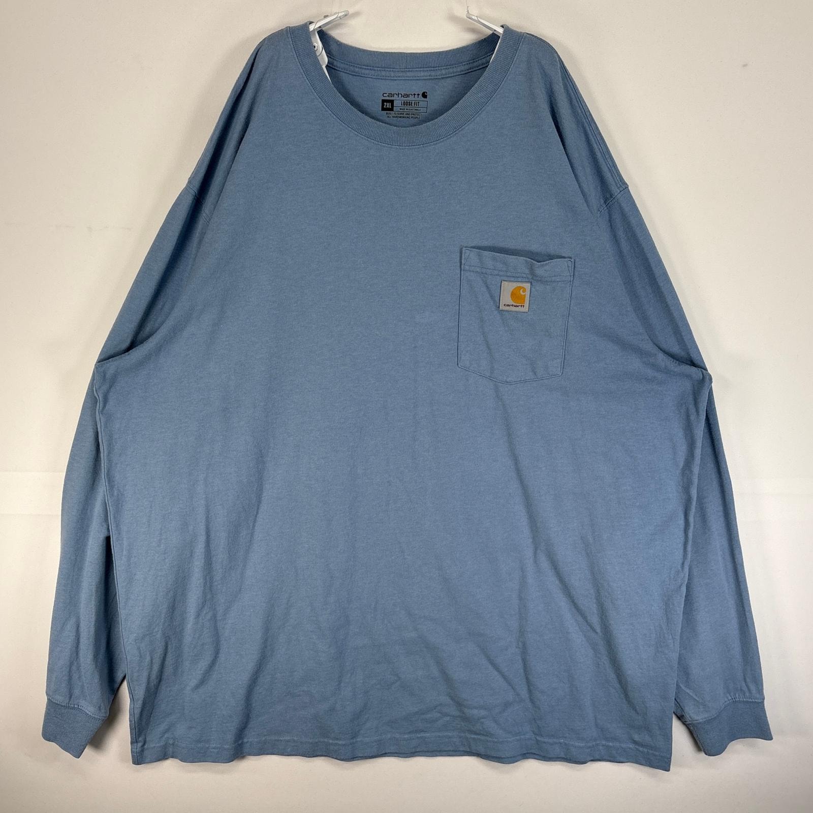 古着 カーハート Carhartt 長袖Tシャツ 大きいサイズ 肉厚 フェード ワンポイント ロゴ 胸ポケ クルーネック 2XL  水色 無地 メンズ