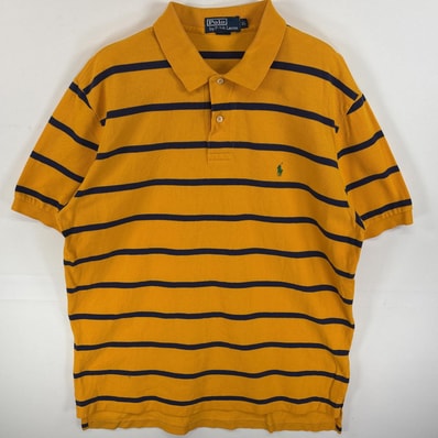 古着 90's/90年代 ポロバイラルフローレン Polo by Ralph Lauren ポロシャツ 2ボタン ワンポイント ロゴ 刺繍 大きいサイズ XL イエロー系 ボーダー メンズ