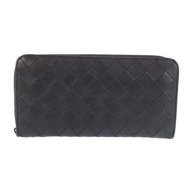 美品 BOTTEGAVENETA ボッテガヴェネタ イントレチャート ラウンドジップ ブラック 黒 レザー 長財布 ロングウォレット 601786 【中古】