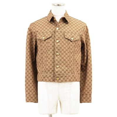 【美品】GUCCI グッチ モノグラム ジャケット サイズ 46 メンズ レディース ユニセックス GGスプリーム 総柄 ショート丈 ヴィンテージライク アウター ベージュ系 イタリア製