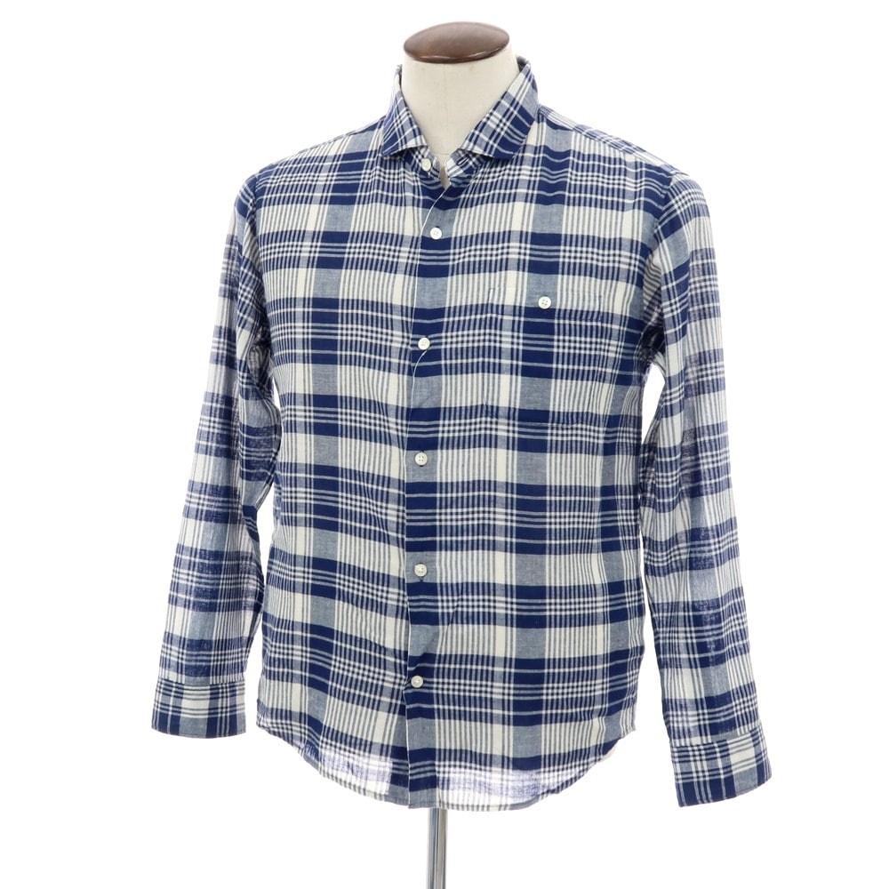 【中古】ザノースフェイス THE NORTH FACE ポリエステルコットンリネン チェック カジュアルシャツ ライトネイビーxホワイト【サイズL】【メンズ】