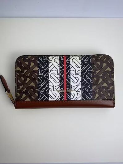BURBERRY Monogram Stripe E-canvas and Leather Ziparound Wallet "Bridle Brown"