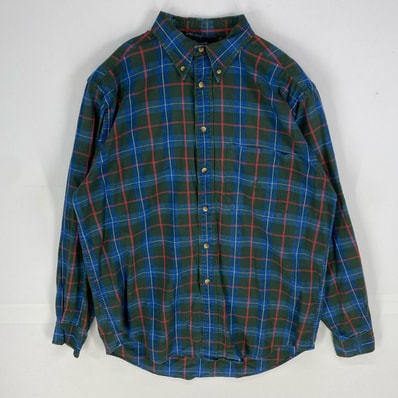 古着 90's/90年代 ノーティカ NAUTICA 長袖シャツ ボタンダウン 胸ポケット 小文字タグ M グリーン系 チェック メンズ