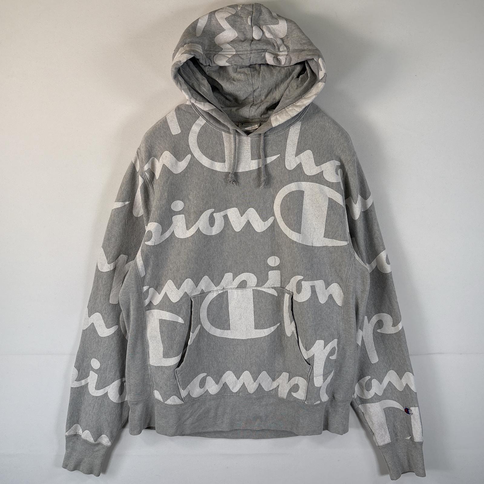 古着 チャンピオン Champion パーカー リバーススウィーブ 総柄 ロゴデザイン フーディ プルオーバー LARGE  グレー メンズ