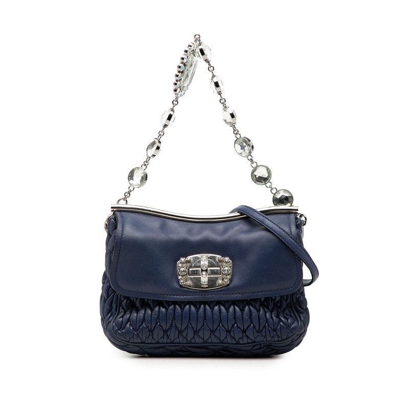 ミュウミュウ マテラッセ ビジュー チェーン ハンドバッグ ショルダーバッグ 2WAY ブルー レザー レディース MIUMIU 【中古】
