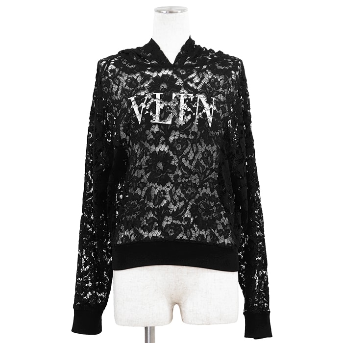 【極美品】Valentino ヴァレンチノ レイヤーパーカー サイズ表記不明 レディース レース フーディー VLTN ロゴ トップス ブラック 黒 イタリア製