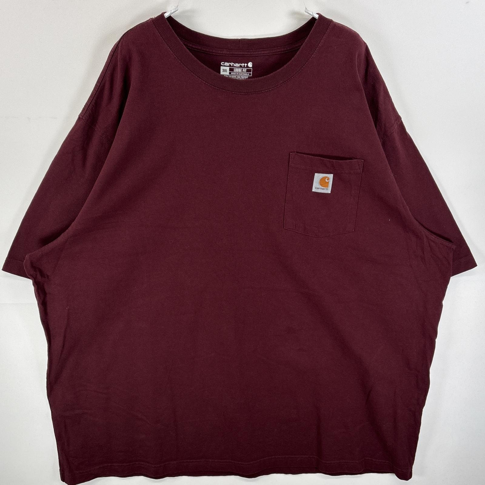 古着 カーハート Carhartt 半袖Tシャツ 肉厚 ワンポイント ロゴ 胸ポケ 3XL  ワインレッド 無地 メンズ