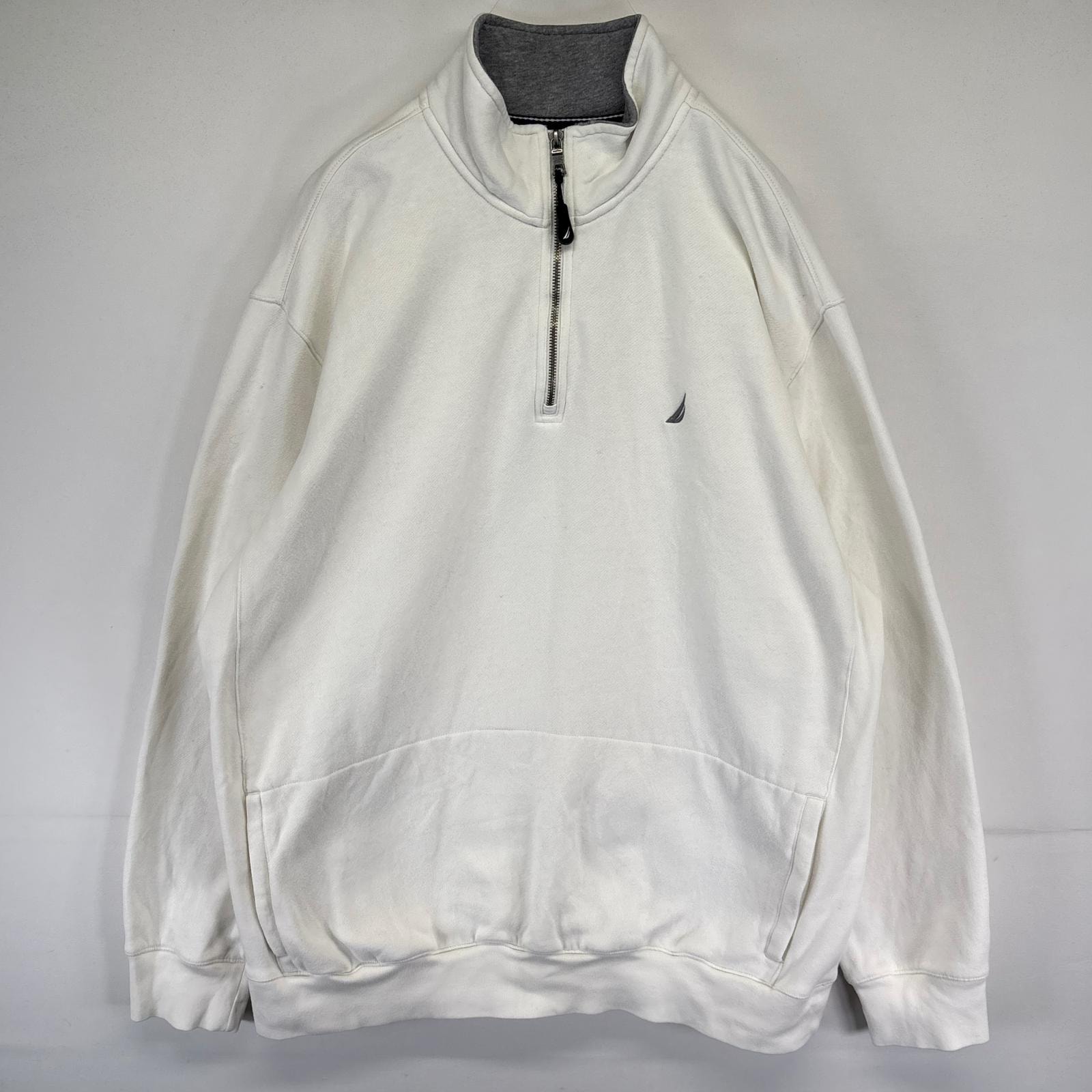 古着 ノーティカ NAUTICA スウェット トレーナー ハーフジップ プルオーバー ワンポイントロゴ刺繍 2XL  ホワイト系 メンズ