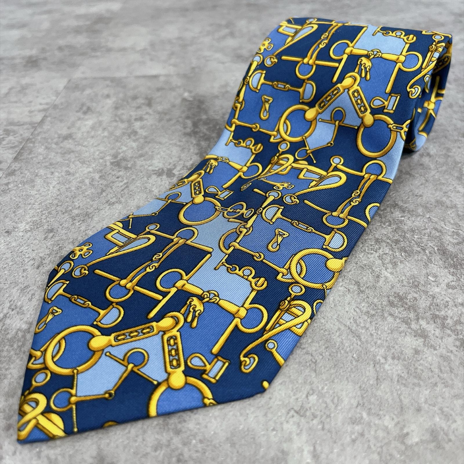 【GUCCI】グッチ ホースビット 馬具柄 鐙 アブミ スティラップ ネクタイ ブルー ゴールド シルク100% イタリア製 メンズ フォーマル 紳士