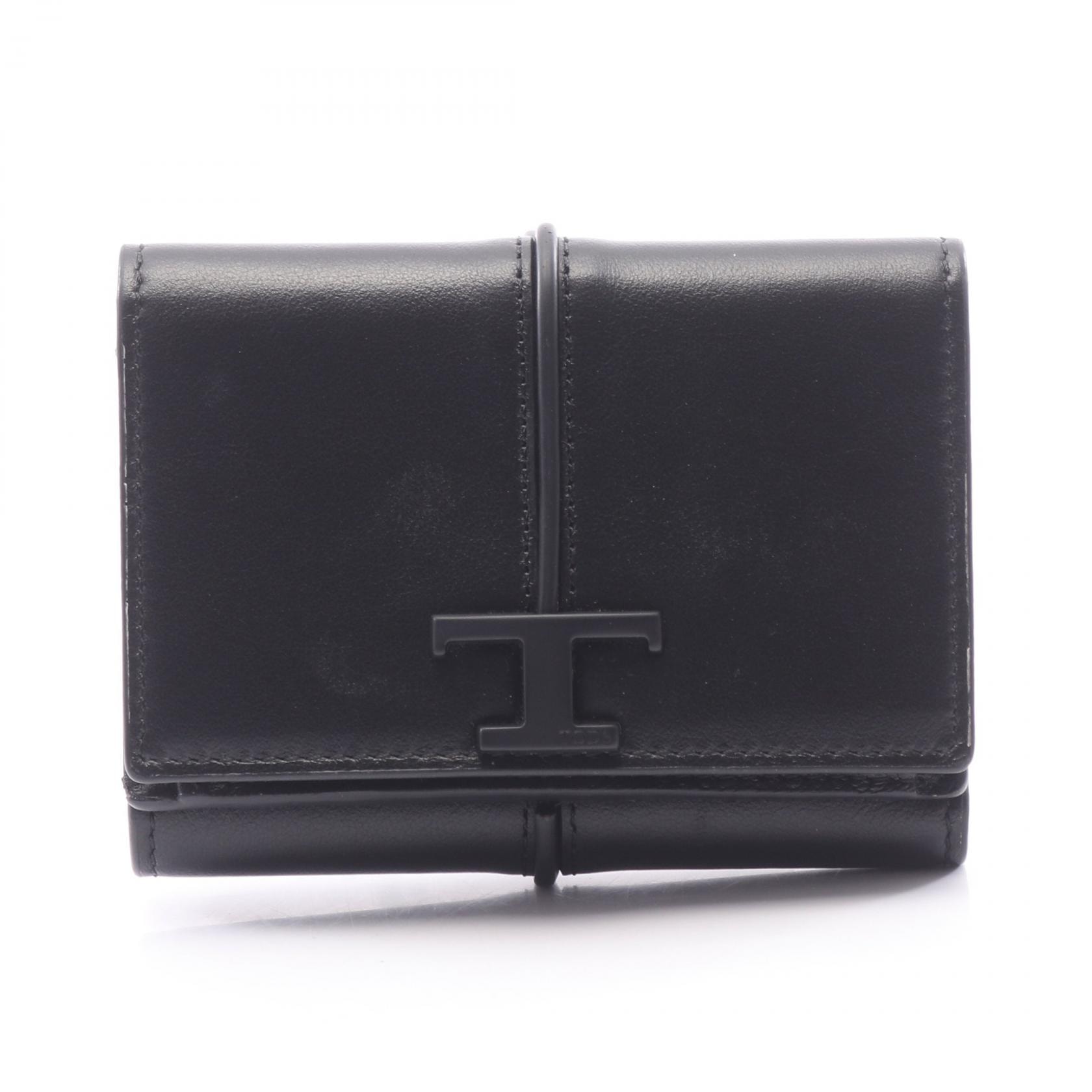 トッズ TOD'S T タイムレス 三つ折り財布 財布 レザー レディース ブラック系 【中古】