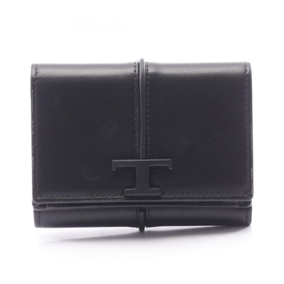 トッズ TOD'S T タイムレス 三つ折り財布 財布 レザー レディース ブラック系 【中古】