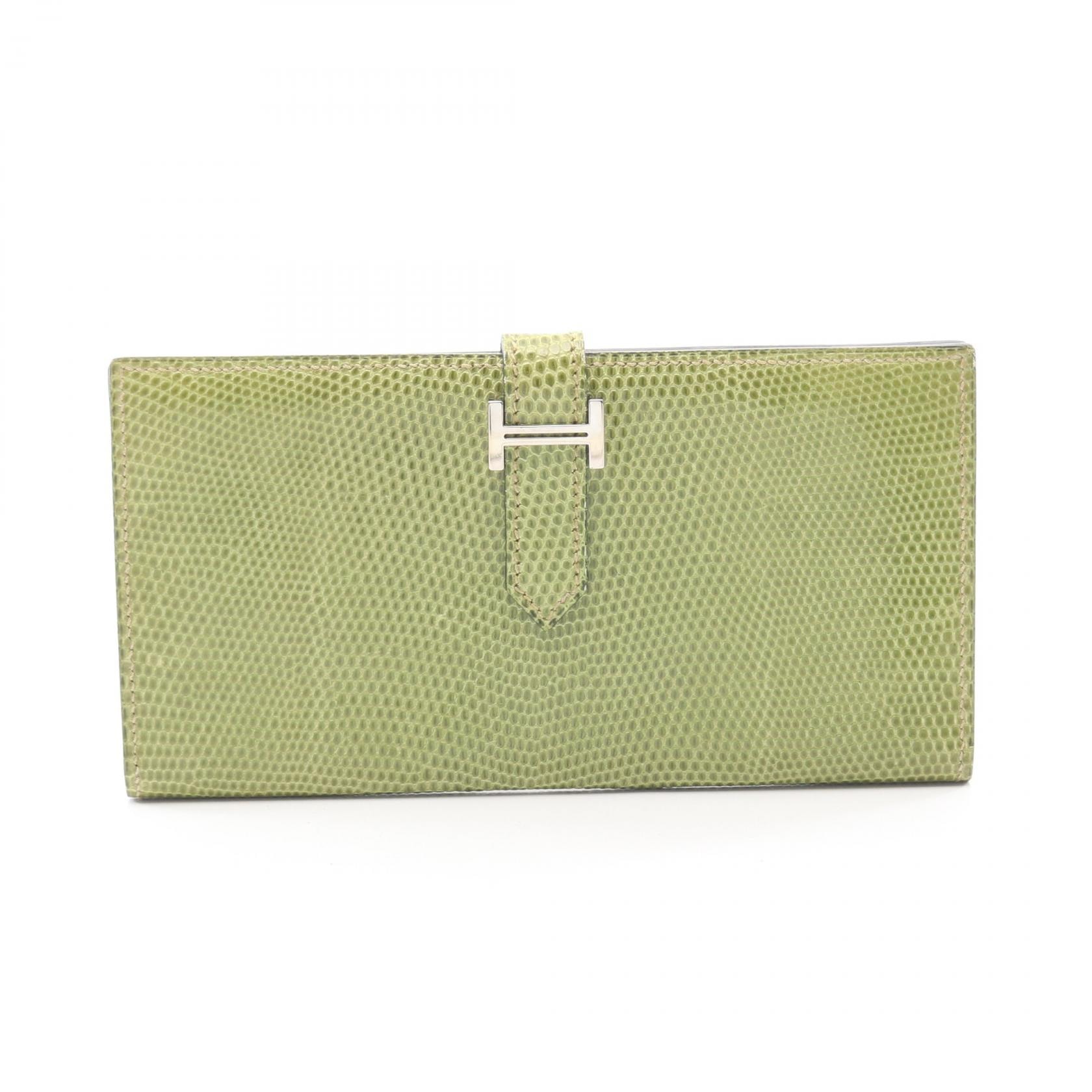 エルメス HERMES ベアンスフレ 二つ折り長財布 財布 エキゾチックレザー リザード □H刻印(2004年製造) レディース グリーン系 【中古】