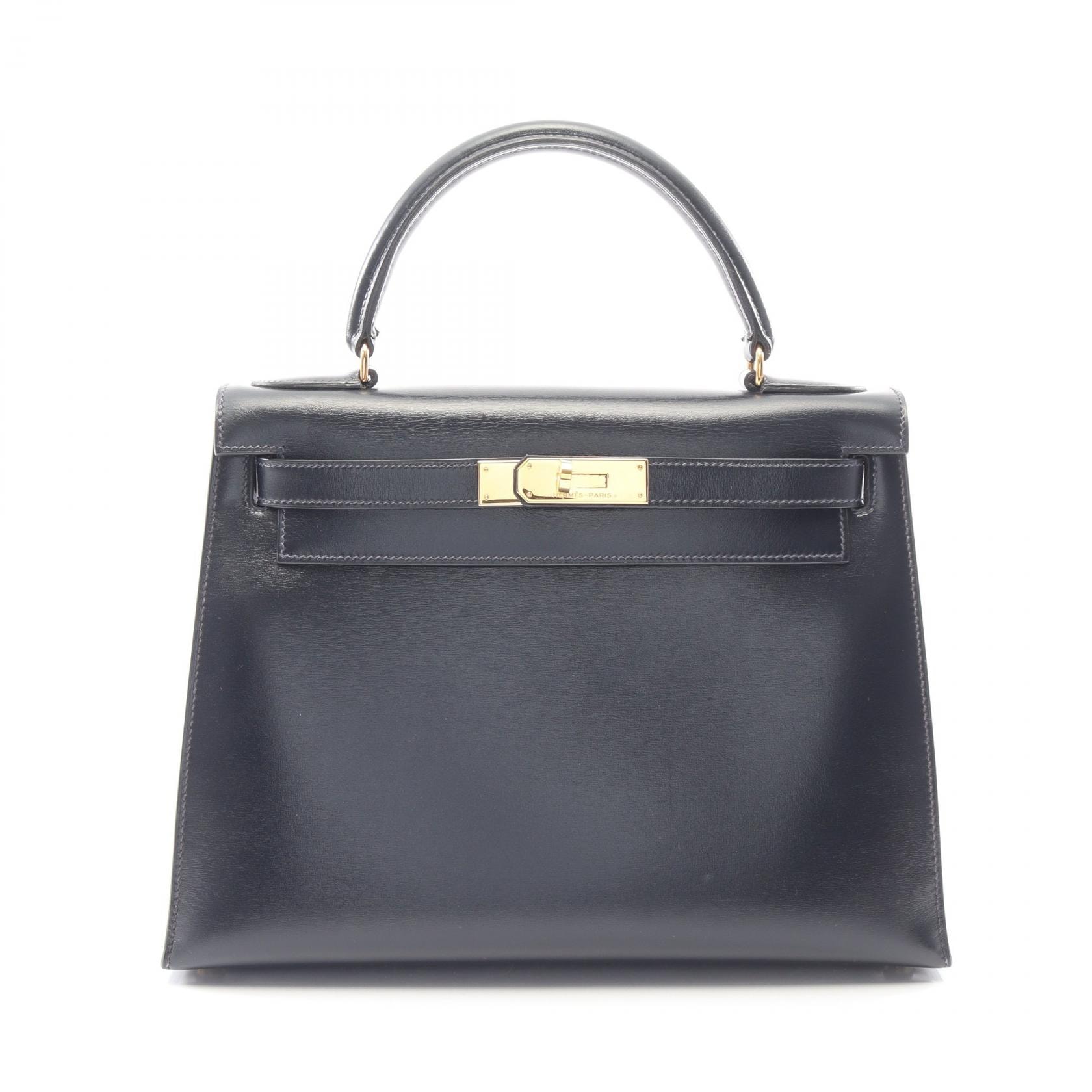 エルメス HERMES ケリー28 外縫い 2WAY ハンドバッグ バッグ カーフ(牛革) ボックスカーフ ブルーインディゴ ○T刻印(1990年製造) レディース ネイビー系 【中古】