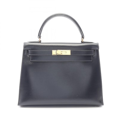 エルメス HERMES ケリー28 外縫い 2WAY ハンドバッグ バッグ カーフ(牛革) ボックスカーフ ブルーインディゴ ○T刻印(1990年製造) レディース ネイビー系 【中古】