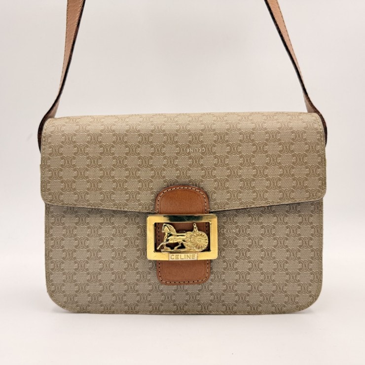 CELINE(セリーヌ)ヴィンテージ マカダム柄 ショルダーバッグ PVC×レザー ベージュ系 馬車金具 ゴールドトーン レディース