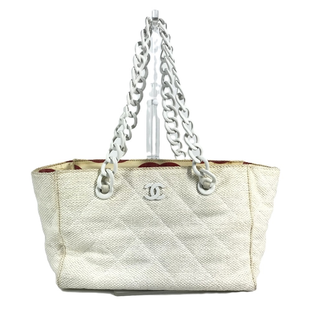 シャネル CHANEL ロゴ マトラッセ キルティング Wチェーン 携帯ポーチ付き 肩掛け トートバッグ プラスチックチェーン ショルダーバッグ 麻 ホワイト