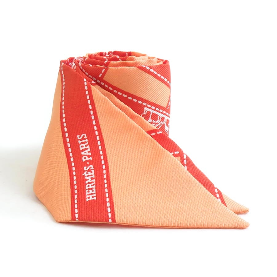 エルメス HERMES スカーフ ツイリー シルク オレンジ/ホワイト レディース【中古】 e62388a