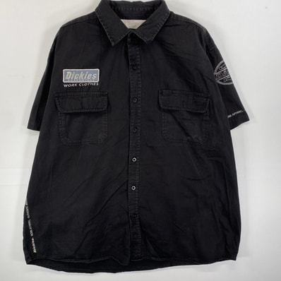 古着 ディッキーズ Dickies 半袖シャツ ワークシャツ 刺繍プリント 胸ポケット 2XL ブラック メンズ