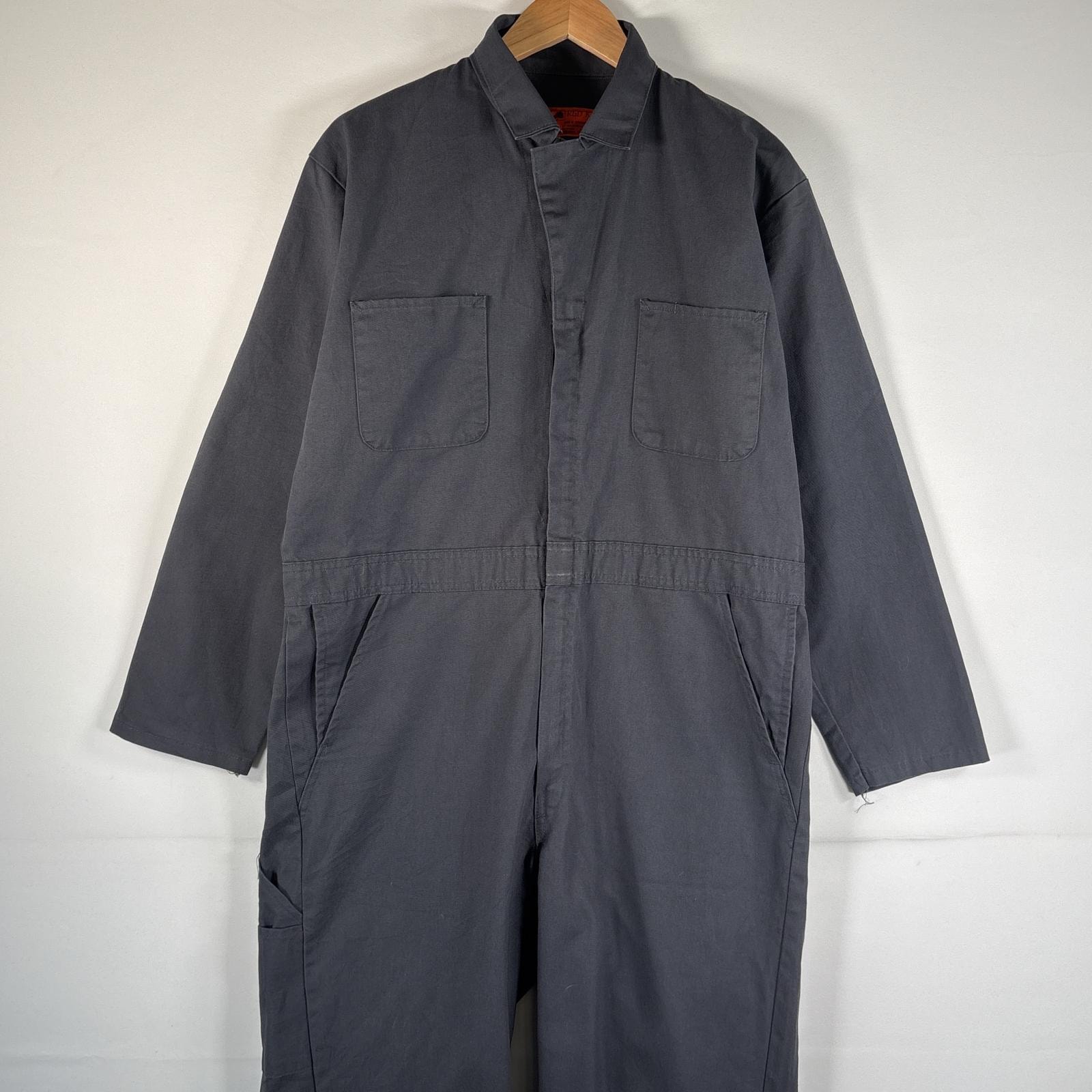 古着 レッドキャップ RED KAP 長袖つなぎ オールインワン ワーク 作業着 サイドポケット ジップアップ 44RG  ダークグレー系 無地 メンズ