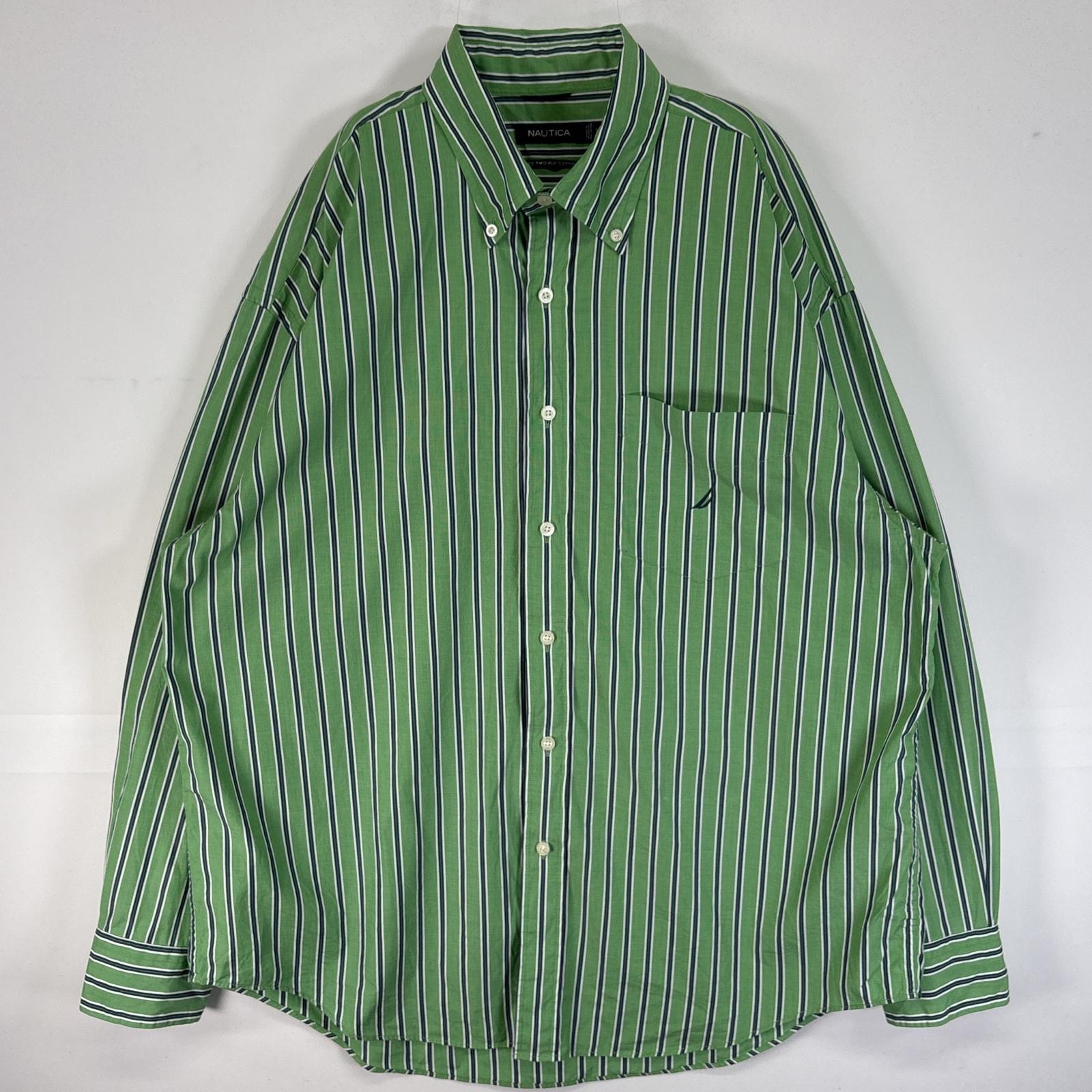 古着 ノーティカ NAUTICA 長袖シャツ ストライプ 大きいサイズ ボタンダウン ロゴ 刺繍 XL  グリーン マルチカラー メンズ