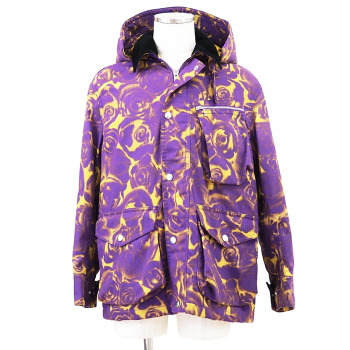 【極美品】BURBERRY バーバリー ジャケット サイズ UK8 メンズ ローズ 薔薇 バラ コットン100% コーデュロイ バイカラー フード取外可 アウター パープル イエロー 黄 紫 イタリア製