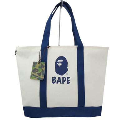 A BATHING APE アベイシングエイプ トートバッグ 001GDM201001H BAPE ロゴ プリント トートバッグ ホワイト系 ブルー系【極上美品】【中古】