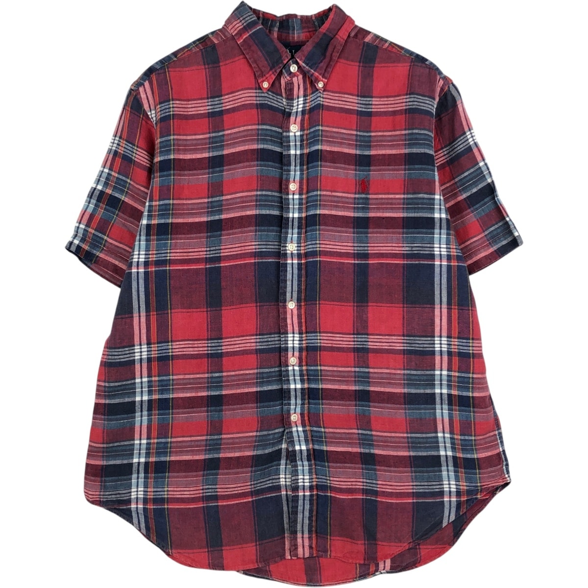 古着 ラルフローレン Ralph Lauren CLASSIC FIT チェック柄 半袖 リネン ボタンダウンシャツ メンズL相当/eaa623556