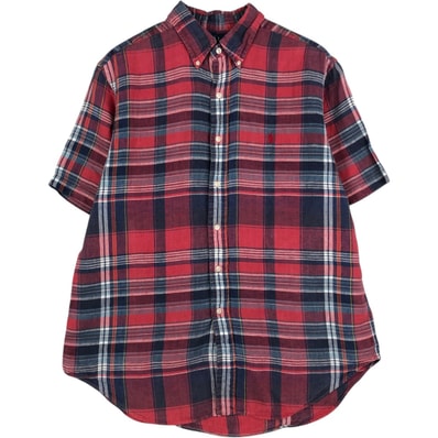 古着 ラルフローレン Ralph Lauren CLASSIC FIT チェック柄 半袖 リネン ボタンダウンシャツ メンズL相当/eaa623556