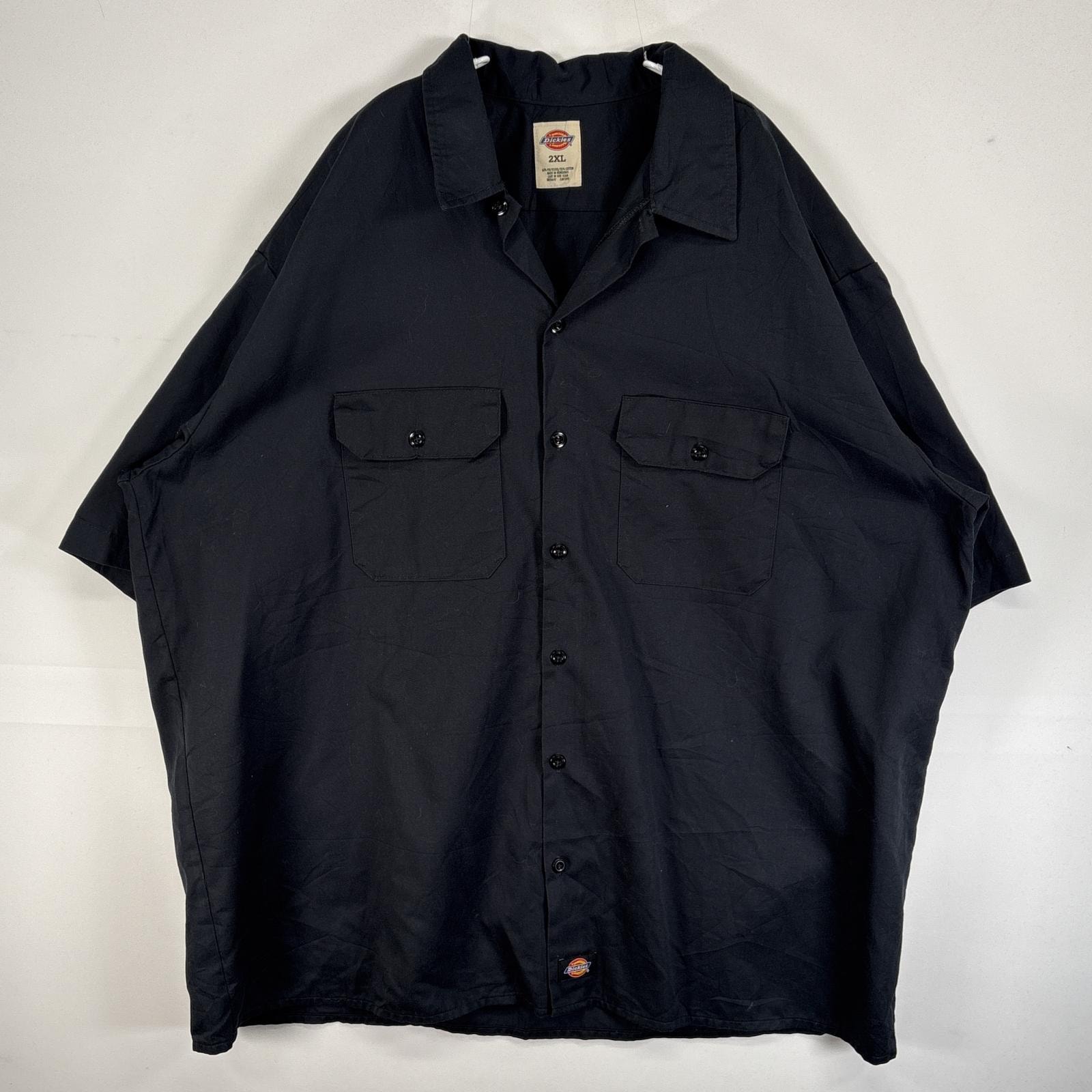 古着 ディッキーズ Dickies 半袖シャツ ワーク 作業着 フラップポケ 大きいサイズ ワンポイント ロゴ 2XL  ブラック 無地 メンズ