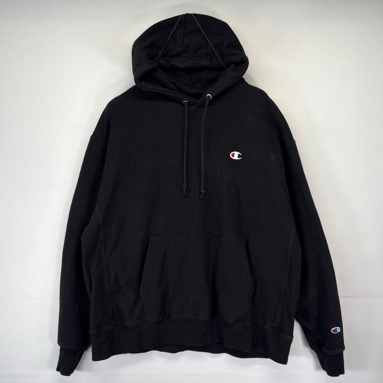 古着 チャンピオン Champion パーカー プルオーバー スウェット フーディ ワンポイントロゴ リバースウィーブ 2XL ブラック メンズ