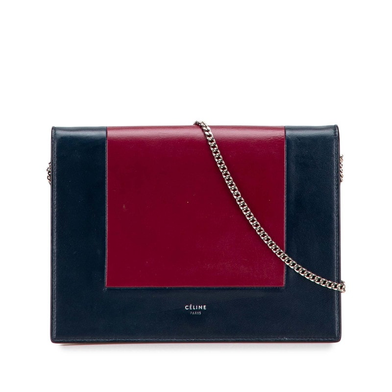 セリーヌ フレーム イブニング チェーン ウォレット ショルダーバッグ ネイビー ボルドー レザー レディース CELINE 中古