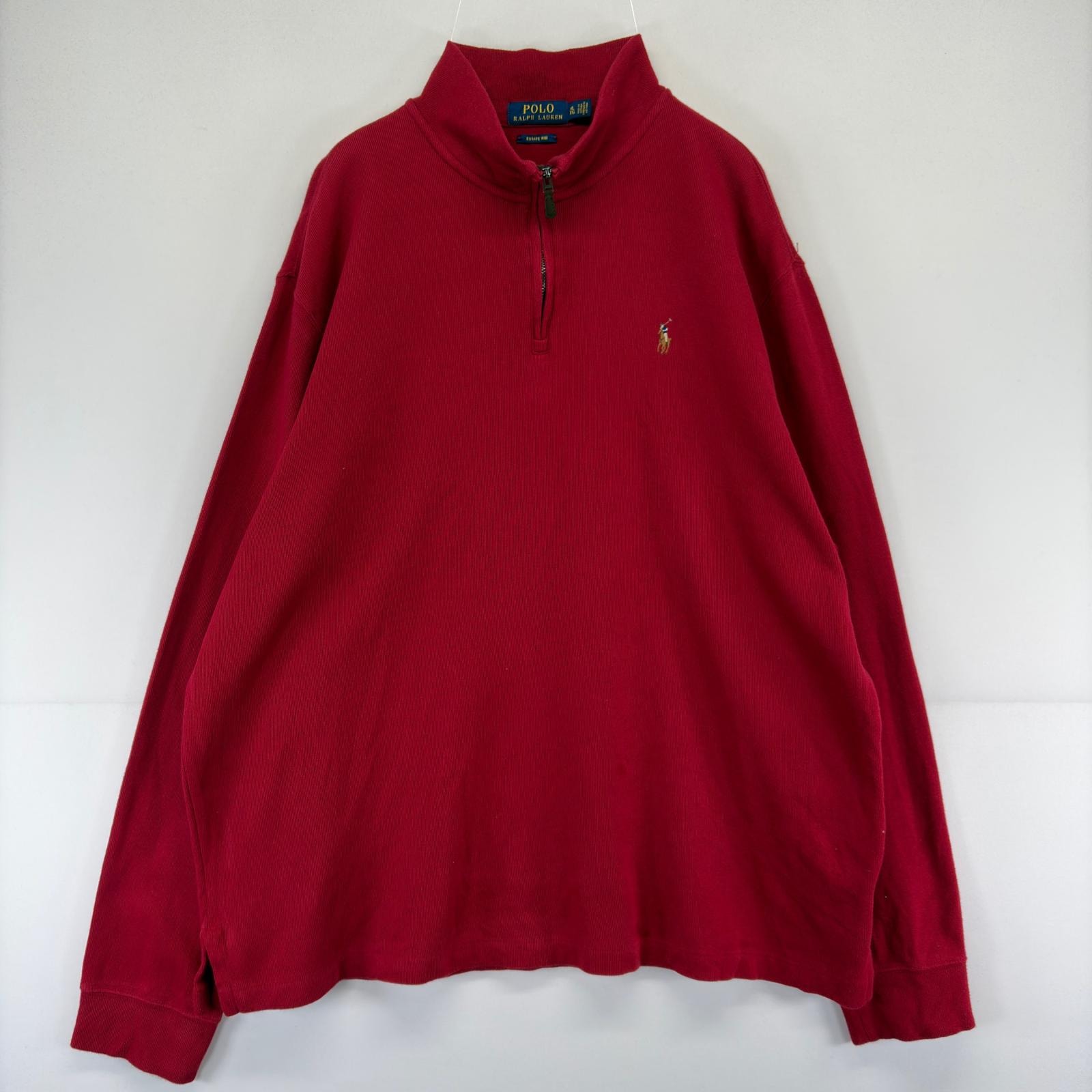 古着 ポロ・ラルフローレン POLO RALPH LAUREN スウェット ハーフジップ プルオーバー ワンポイント ロゴ 刺繍 トレーナー XL  レッド メンズ