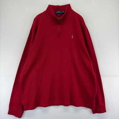 古着 ポロ・ラルフローレン POLO RALPH LAUREN スウェット ハーフジップ プルオーバー ワンポイント ロゴ 刺繍 トレーナー XL レッド メンズ