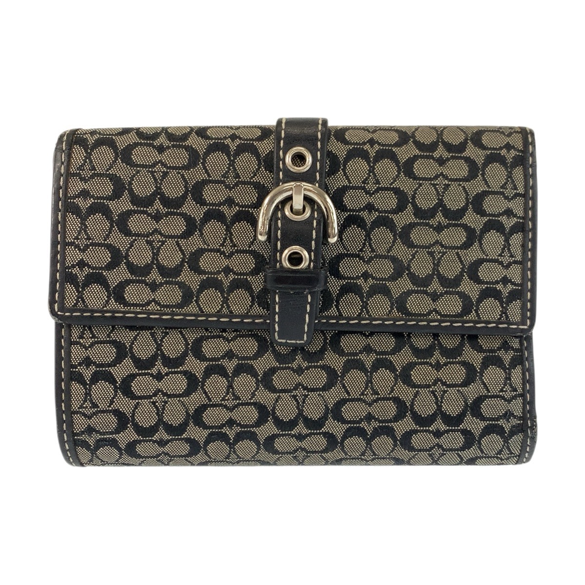 COACH コーチ ミニシグネチャー ブラック 黒 グレー シルバー金具 キャンバス 折財布 コンパクトウォレット 600290 【中古】