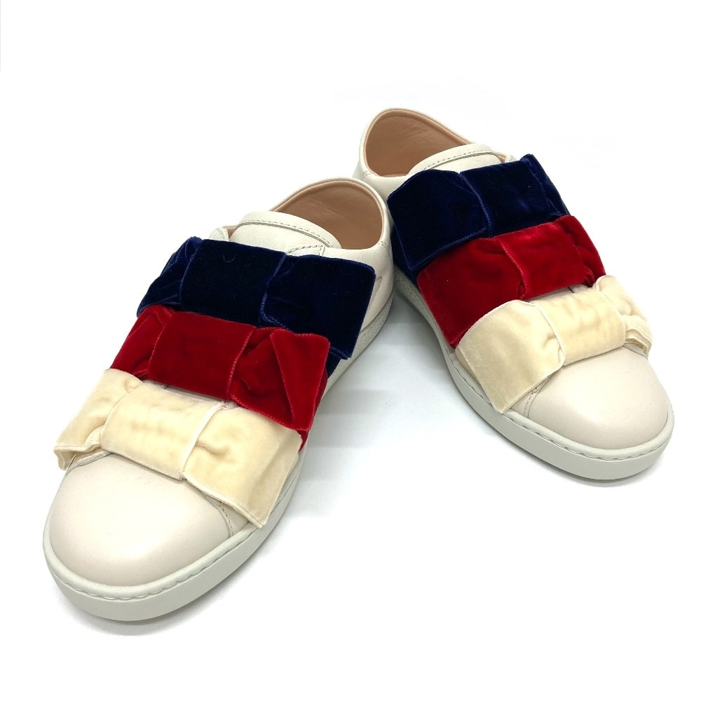 グッチ GUCCI BEE 蜂 524989 リボン ローカット スリッポン スニーカー レザー ホワイト×レッド×ブルー 美品