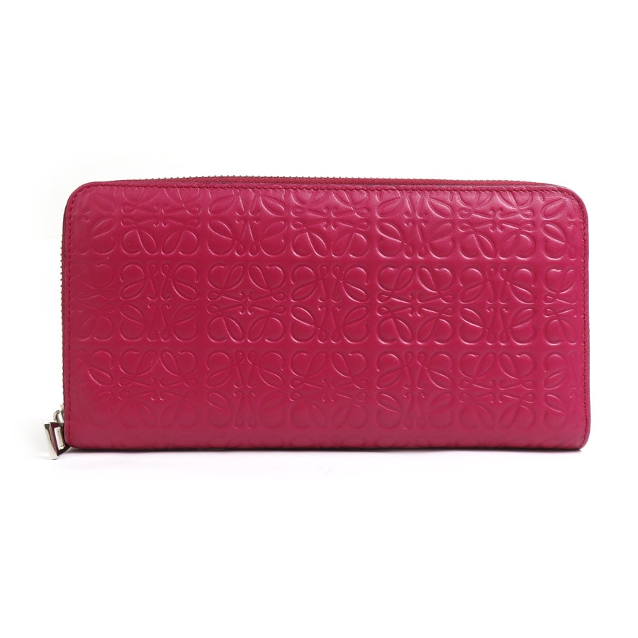 ロエベ LOEWE ラウンドファスナー長財布 アナグラム レザー ディープピンク レディース【中古】 h30932a