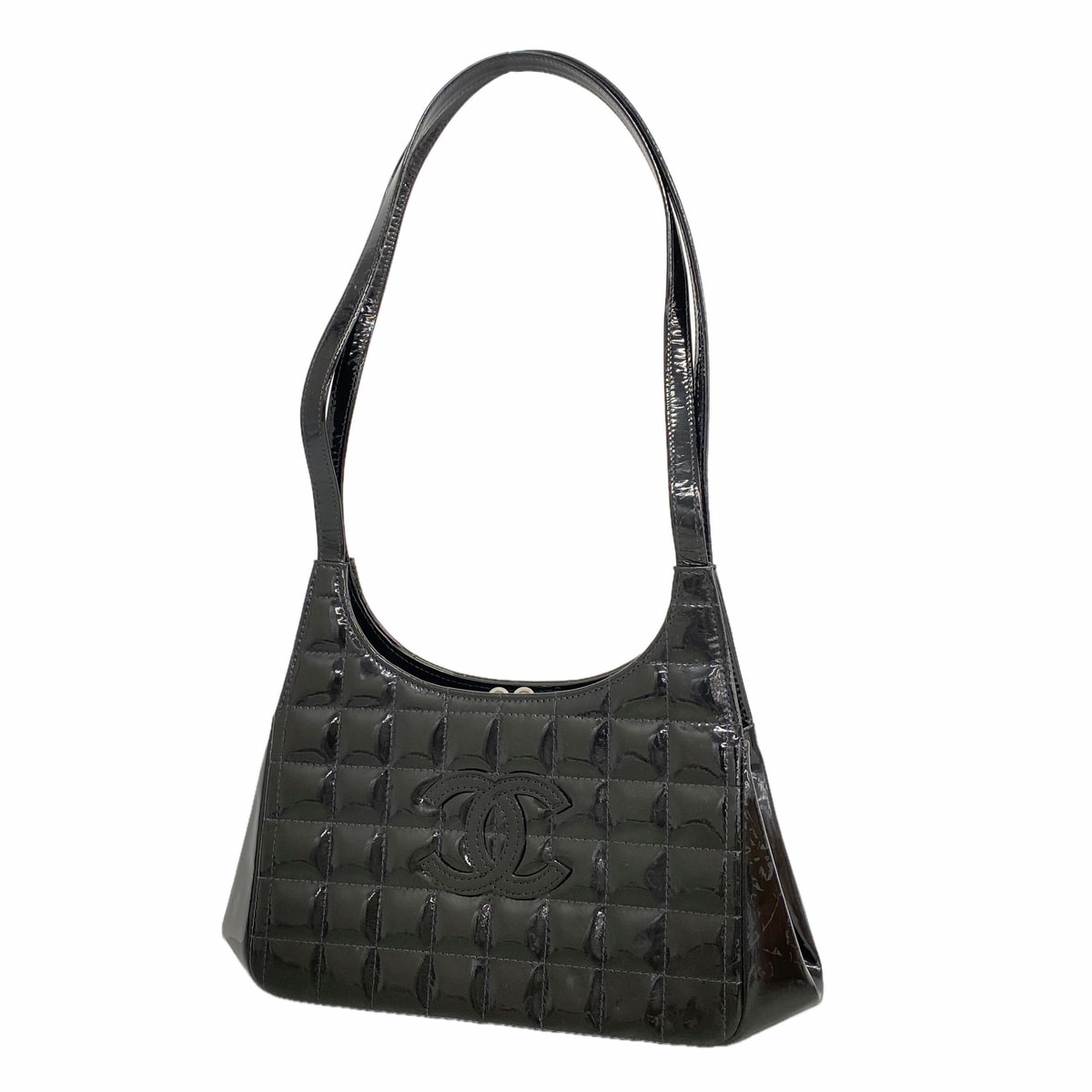 【6kc3193】シャネル ショルダーバッグ チョコバー パテントレザー ブラック シルバー金具【中古】レディース