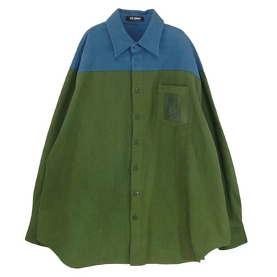 RAF SIMONS ラフシモンズ 22AW Oversized denim shirts ピン付き オーバーサイズ バイカラー デニム シャツ ジャケット グリーン系 M【中古】